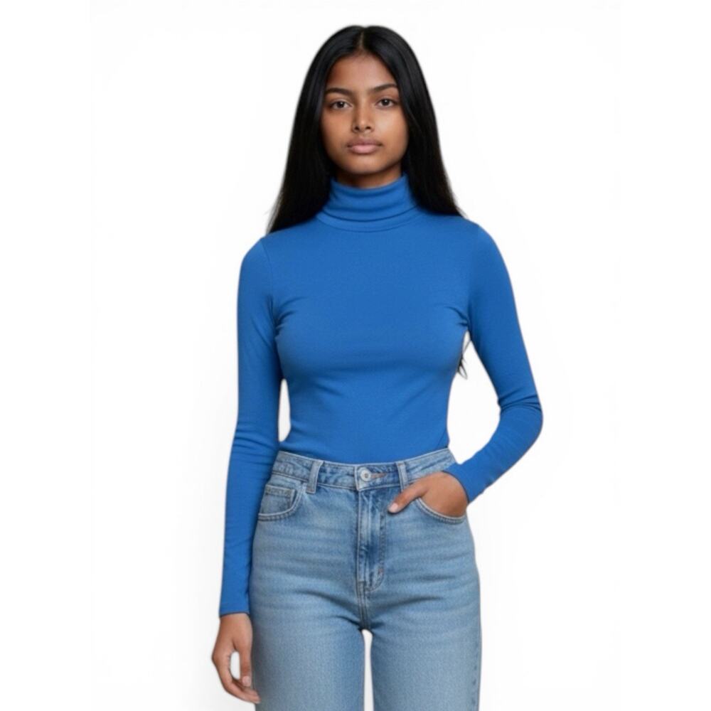 Women’s Blue Solid Turtleneck Long Sleeve Bodysuit Size M Regular One Piece